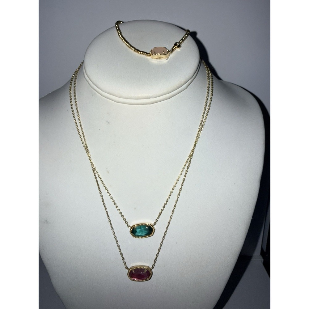 Kendra Scott Elisa Pendant Necklace & Bracelet Green Pink Gold Tone 3 Pieces